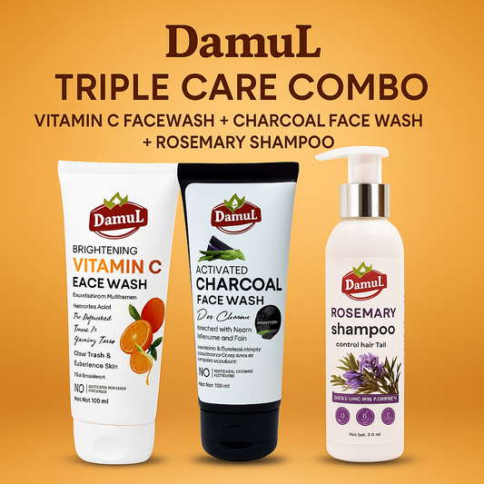 Damul Triple Care Combo – Vitamin C Facewash for Brightening, Charcoal Facewash for Deep Cleansing, and Rosemary Shampoo for Hair Fall Control & Hair Growth | Daily Skin & Hair Care | Herbal & Gentle Formula